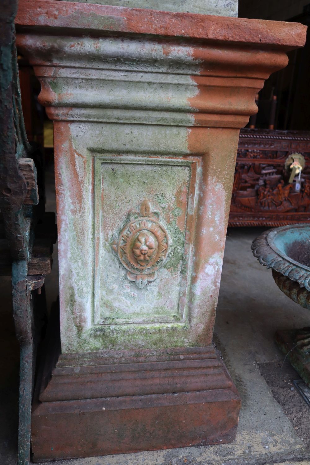A Victorian terracotta campana garden urn on pedestal, urn 60cm diameter, total height 166cm